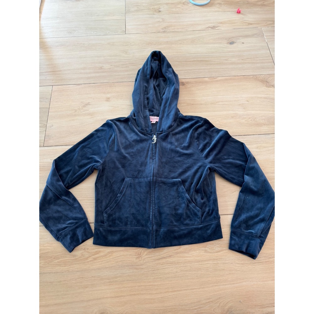 Juicy Couture Navy Blue Velour Full Zip Hoodie Rhinestone Logo XL Womens